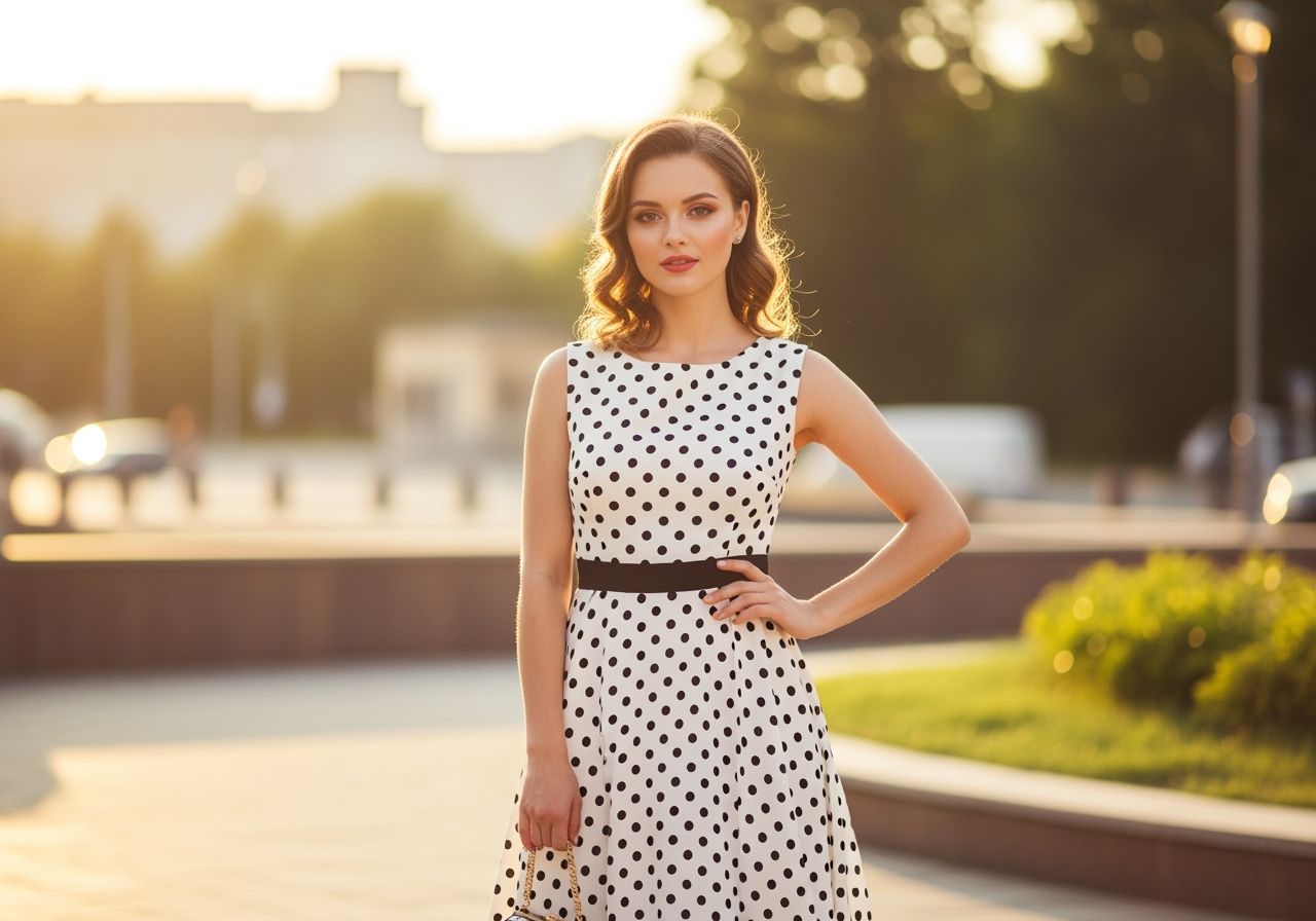 Mladá žena v bílé šatech s černými puntíky stojí ve městě za zlaté hodiny s taškou v ruce.