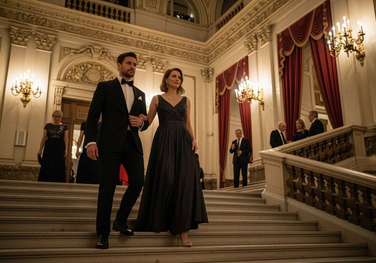 Elegantní pár stoupá po mramorovém schodišti klasicistního koncertního sálu večer před hudebním vystoupením