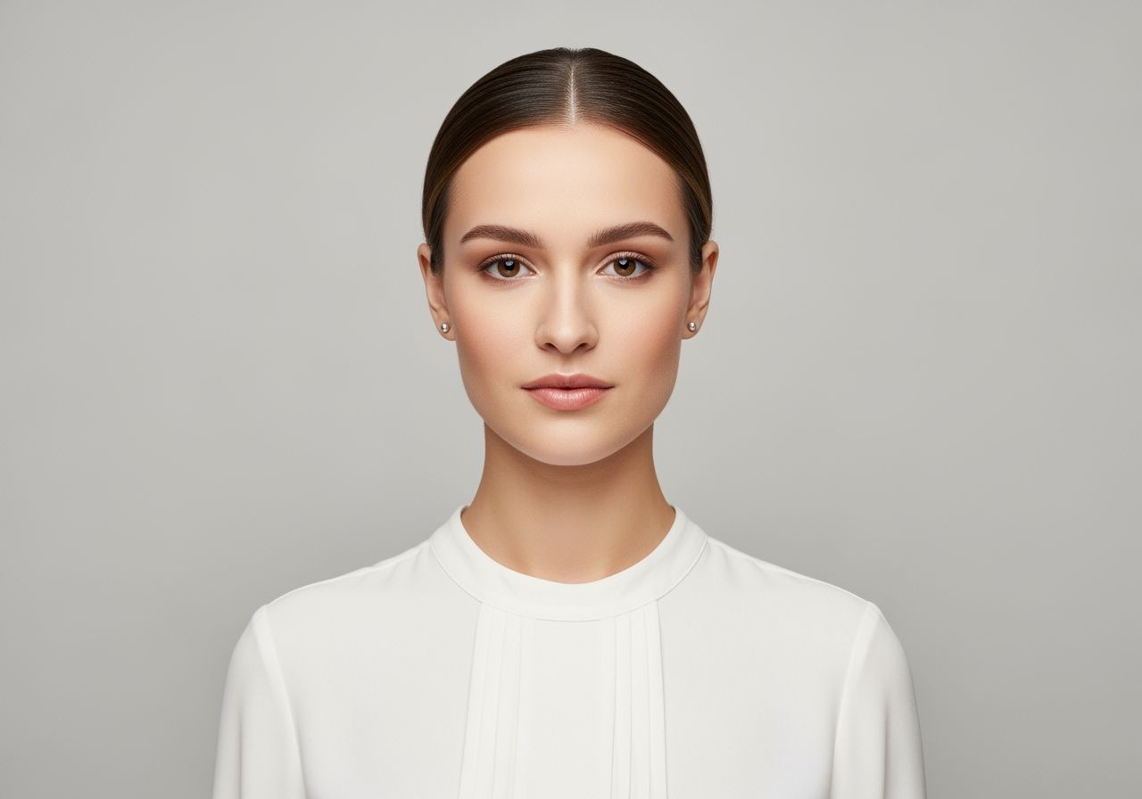 Mladá žena připravená na oficiální průkazní fotografii se světlým pozadím a bílou košilí