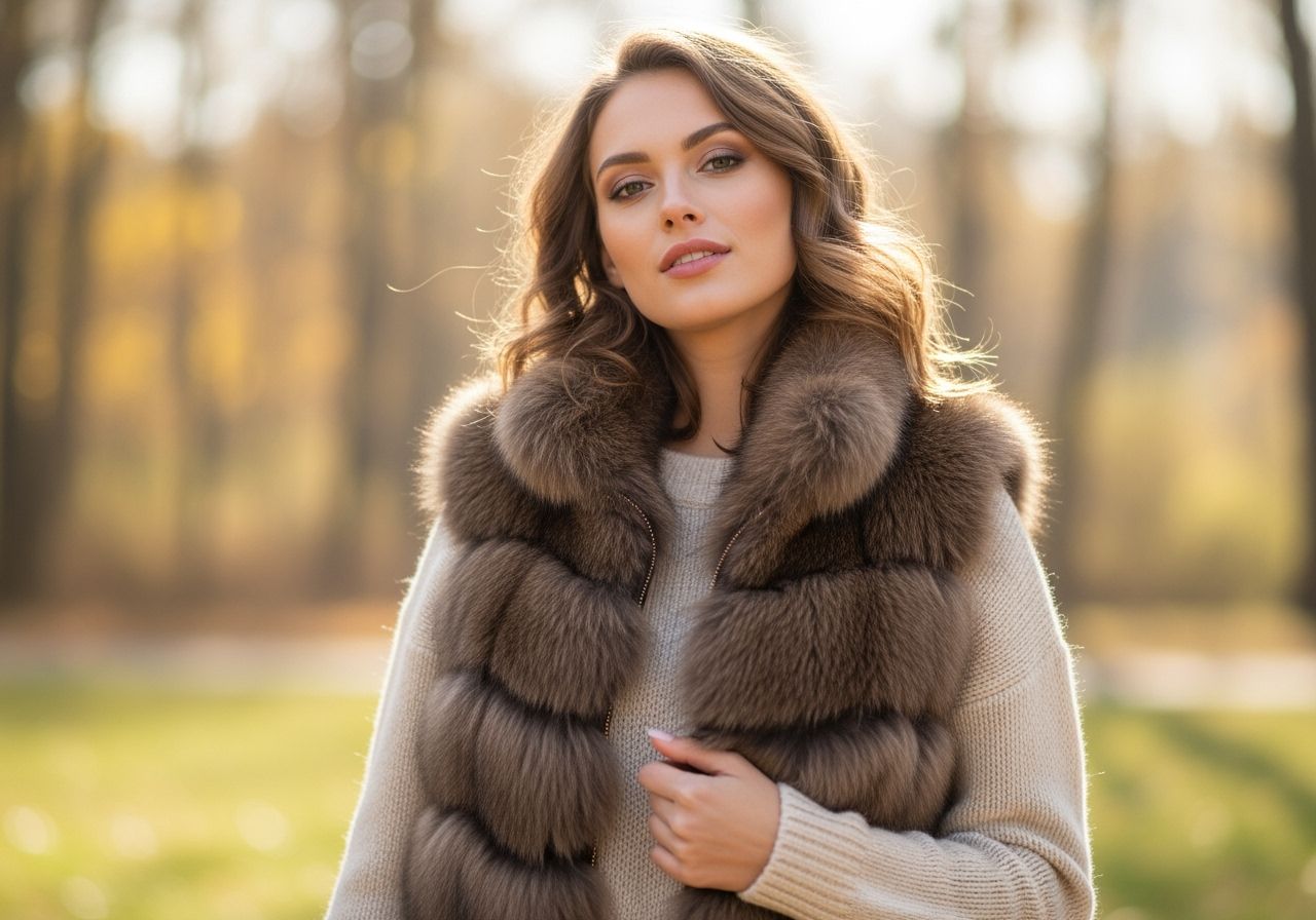 Mladá žena v hnědé kožešinové vestě a krémovém svetru venku na podzimním dni.