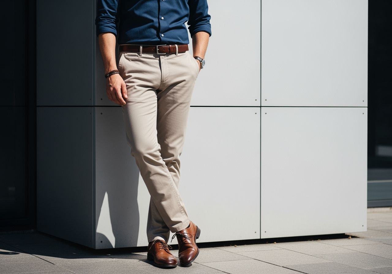 Muž v tmavě modré košili a béžových kalhotách opírající se o městskou zeď venku za denního světla