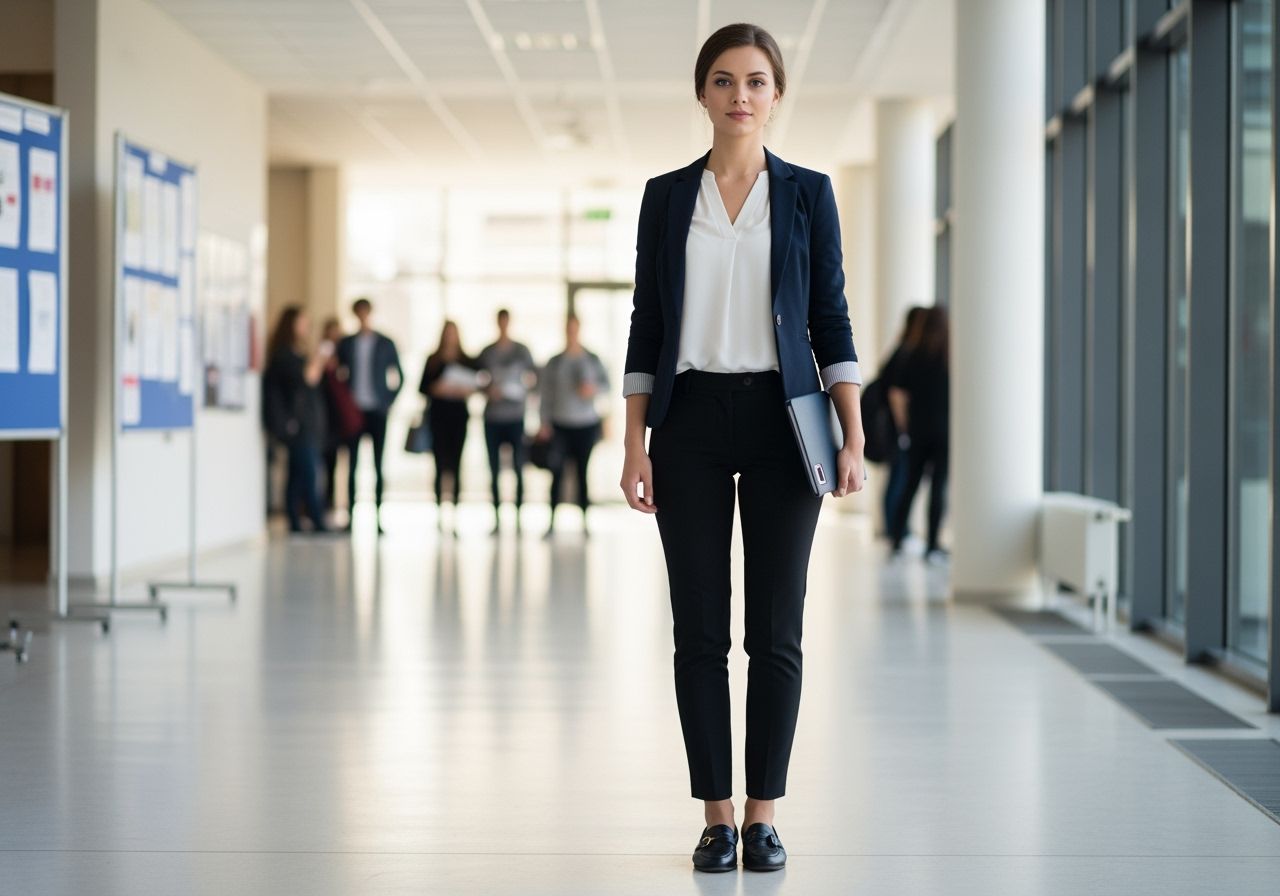 Mladá žena ve formálním oblečení drží složku v univerzitní chodbě před obhajobou diplomové práce