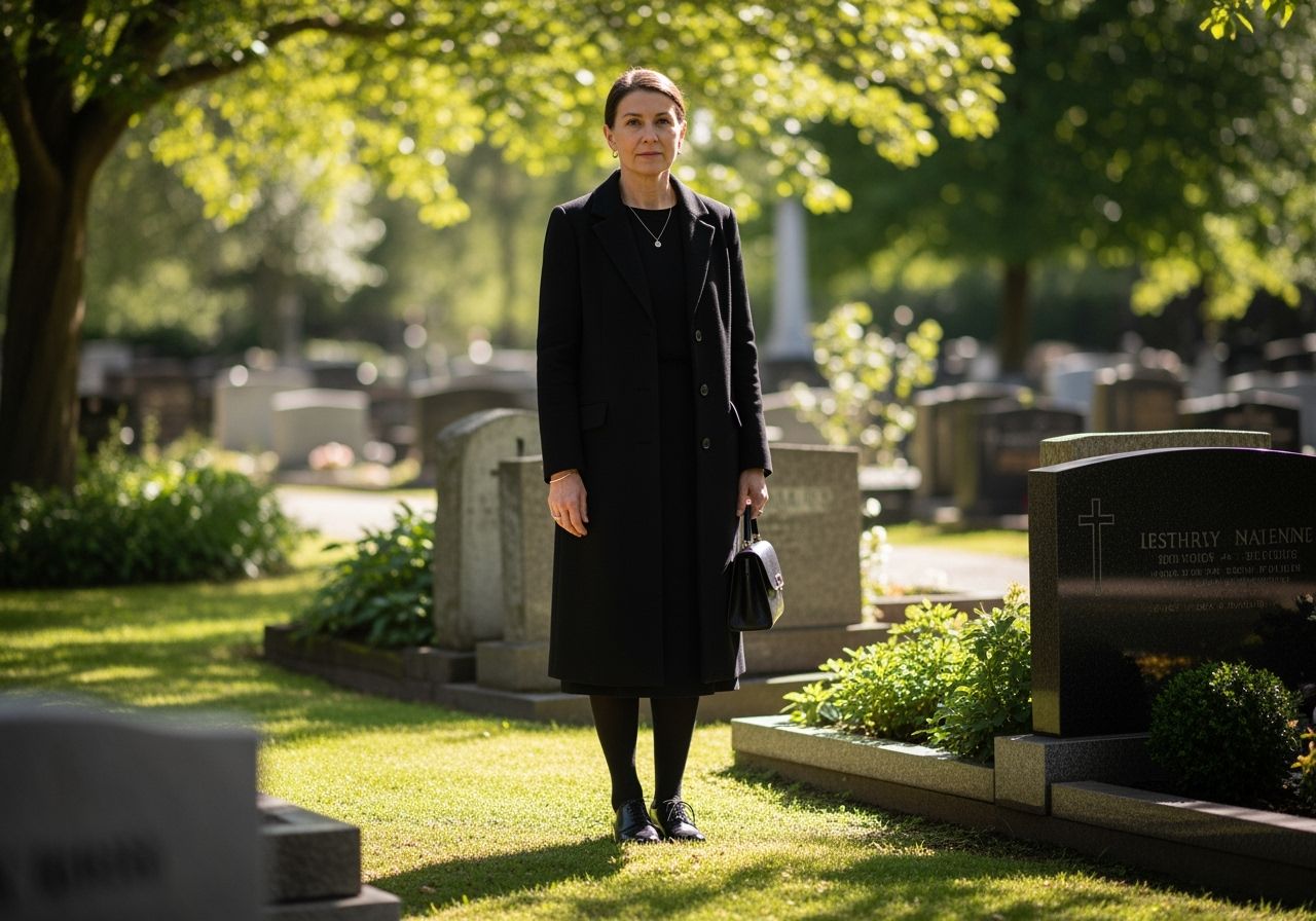 Osoba v tmavém oblečení stojí u hrobu na upraveném hřbitově za denního světla.