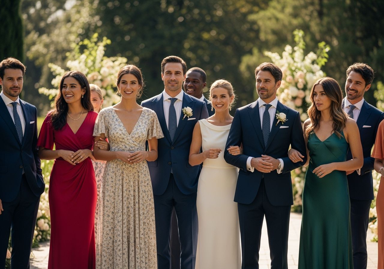 Skupina svatebních hostů v elegantním oblečení v zahradě při denním světle.