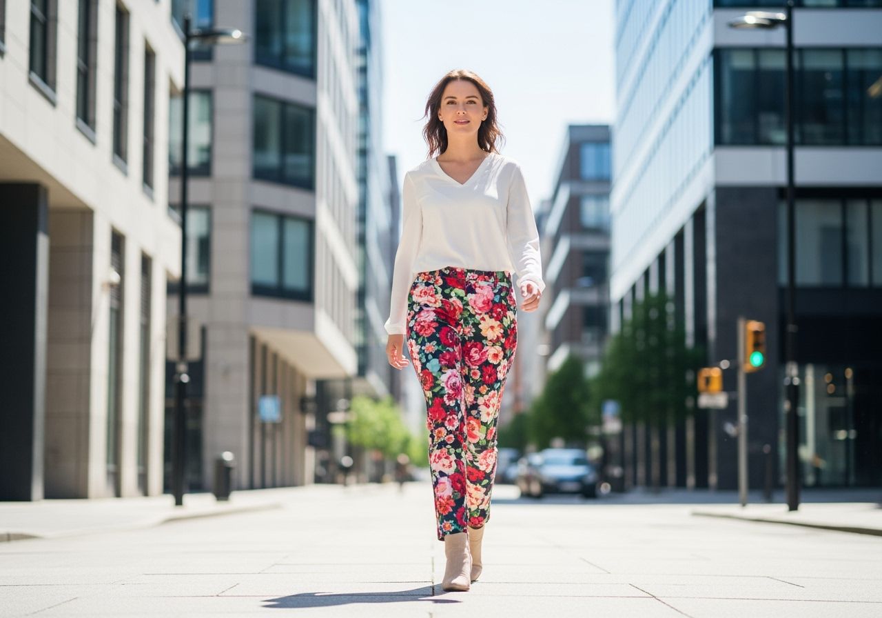 Mladá žena v květovaných kalhotách a bílé blůze, prochází se po městské ulici za denního světla