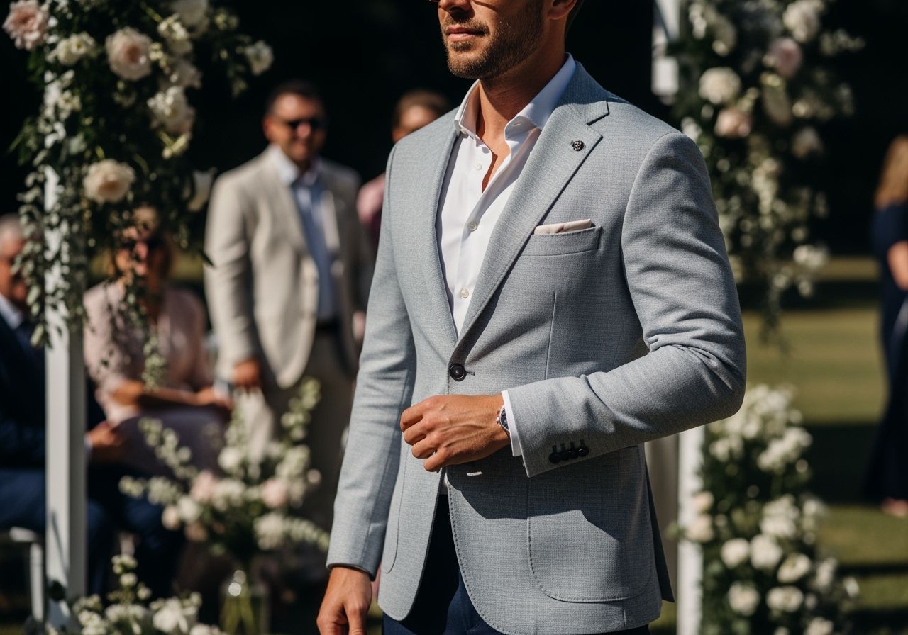 Stylový muž v lehkém sportovním sakku na venkovní svatbě mezi květinami a hosty v pozadí