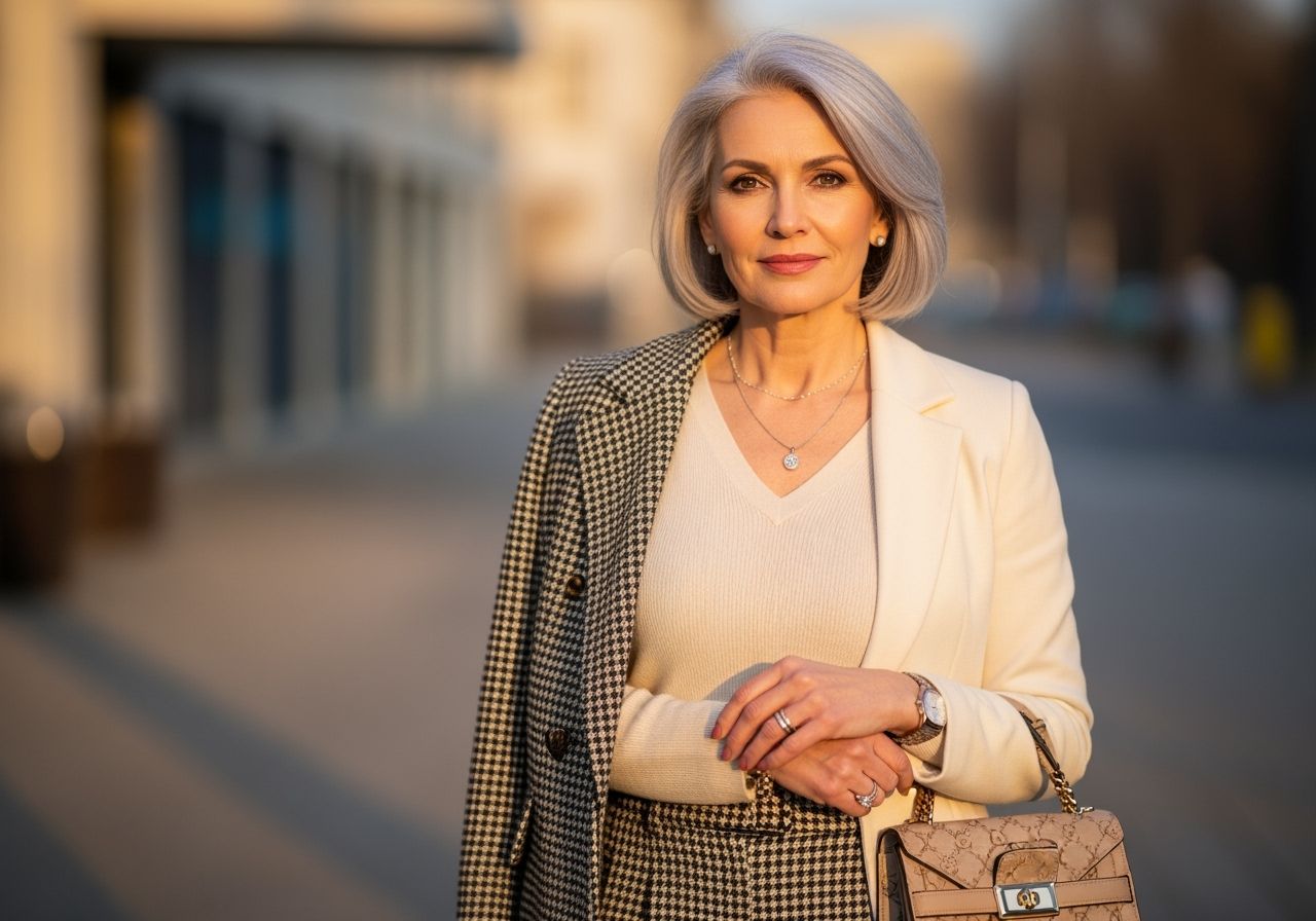 Elegantní žena ve středním věku v moderním oblečení na ulici při zlaté hodině.