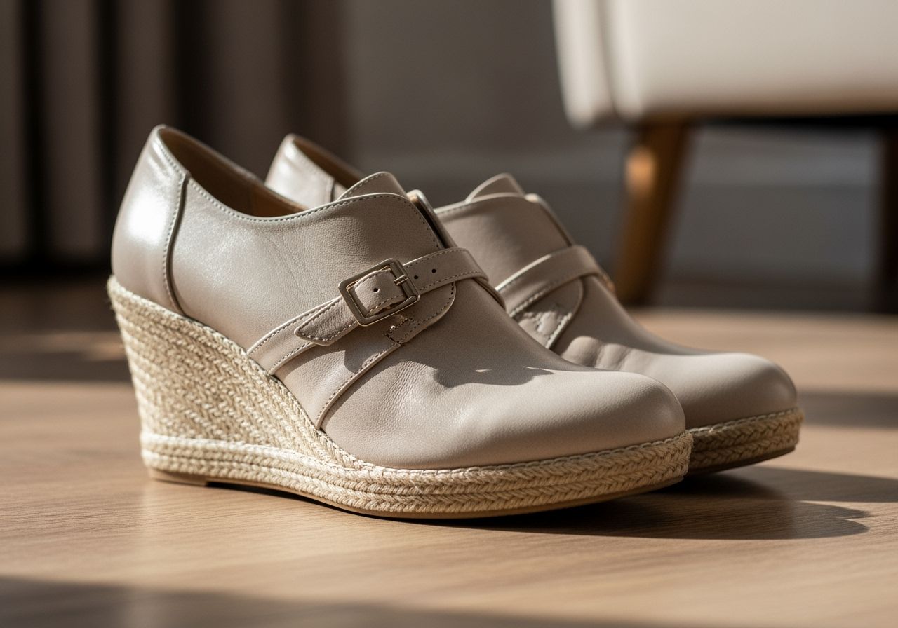 Pár stylových koturnových bot na dřevěné podlaze s přirozeným osvětlením a rozostřeným pozadím.