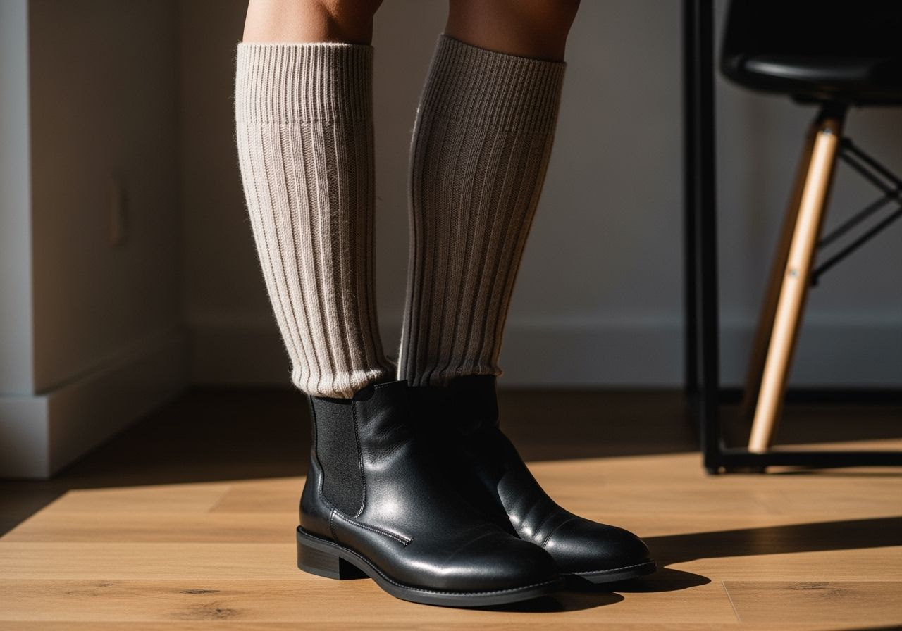 Osoba s ponožkami po kolena a černými koženými kotníkovými botami na dřevěné podlaze.