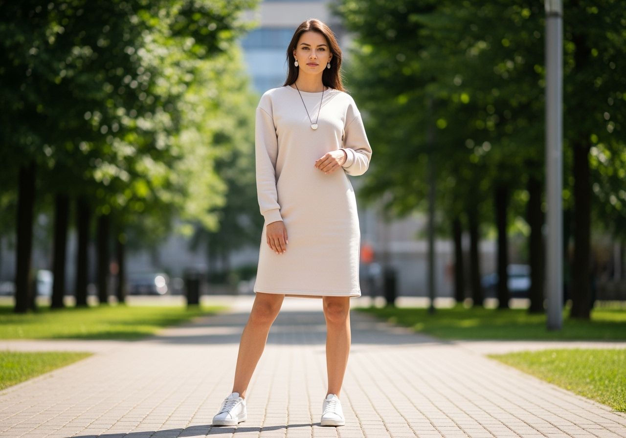 Mladá žena v běžném oblečení stojí v parku se stromy a asfaltovou cestou v pozadí.