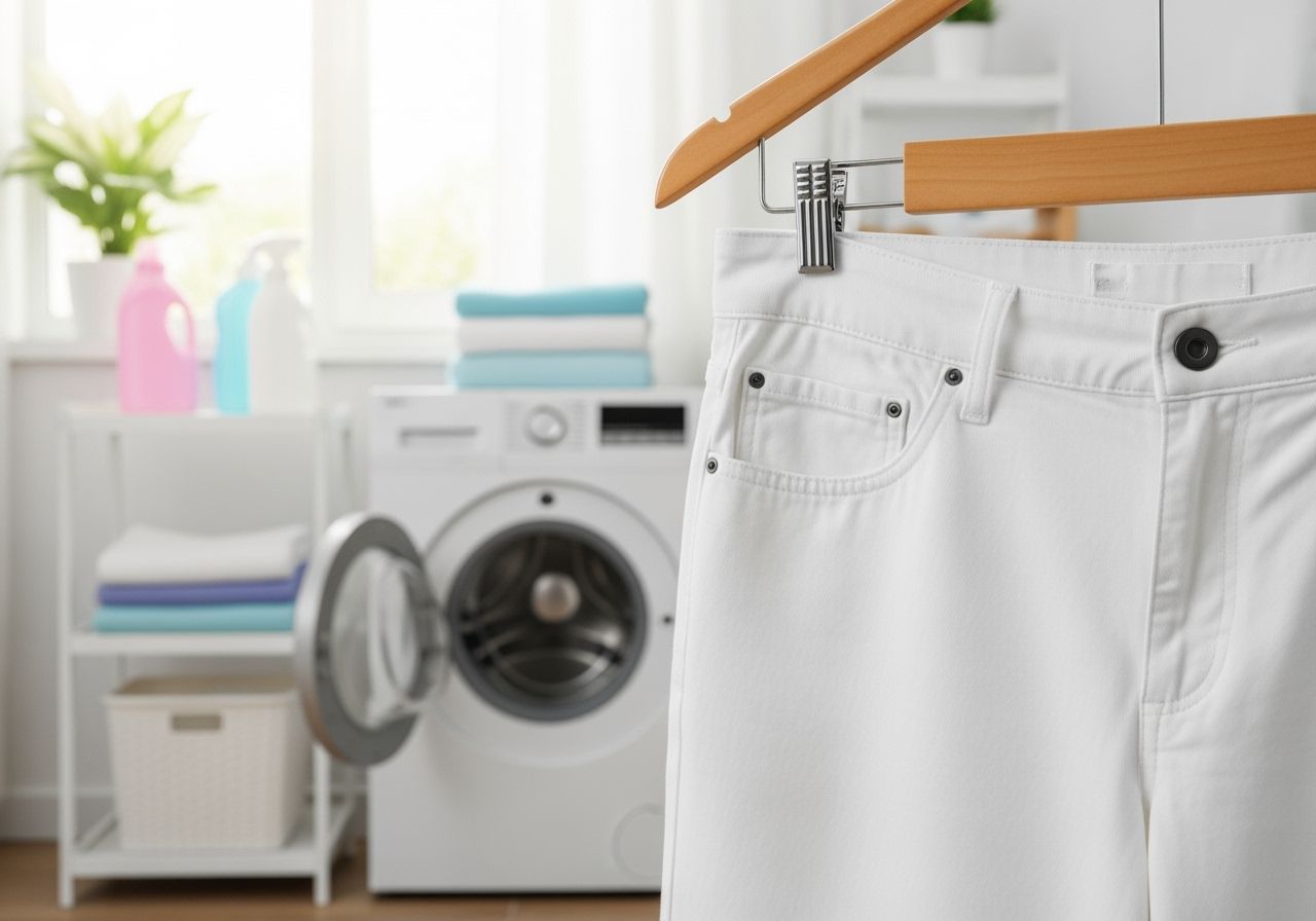Bílé kalhoty zavěšené na dřevěném ramínku v světlé prádelně s pračkou a složeným prádlem.
