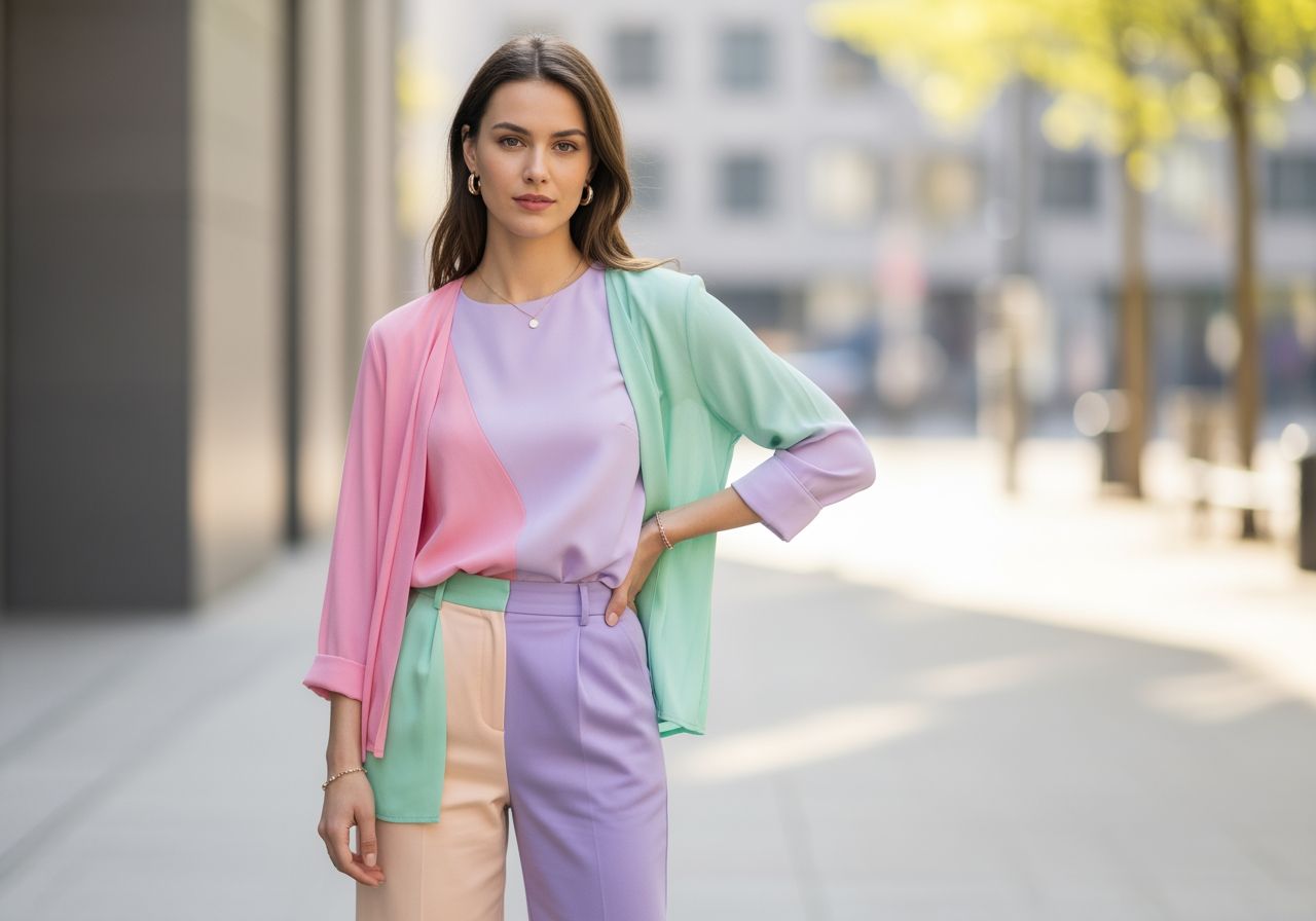 Stylová žena v pastelovém outfitu stojí v moderním městském prostředí s měkkým osvětlením.