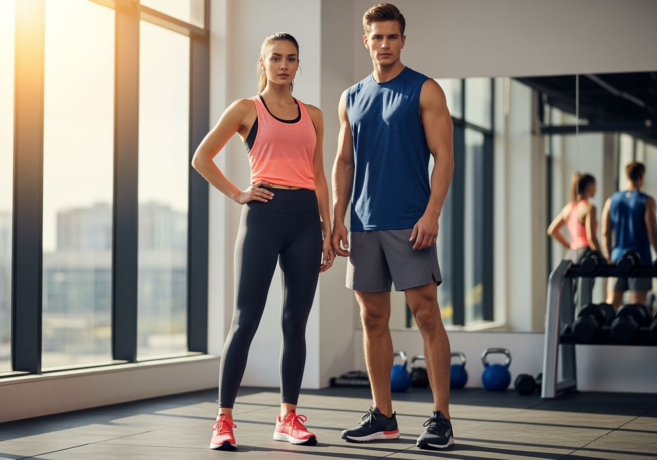 Mladý pár ve sportovním oblečení v moderní posilovně, připravení na cvičení.