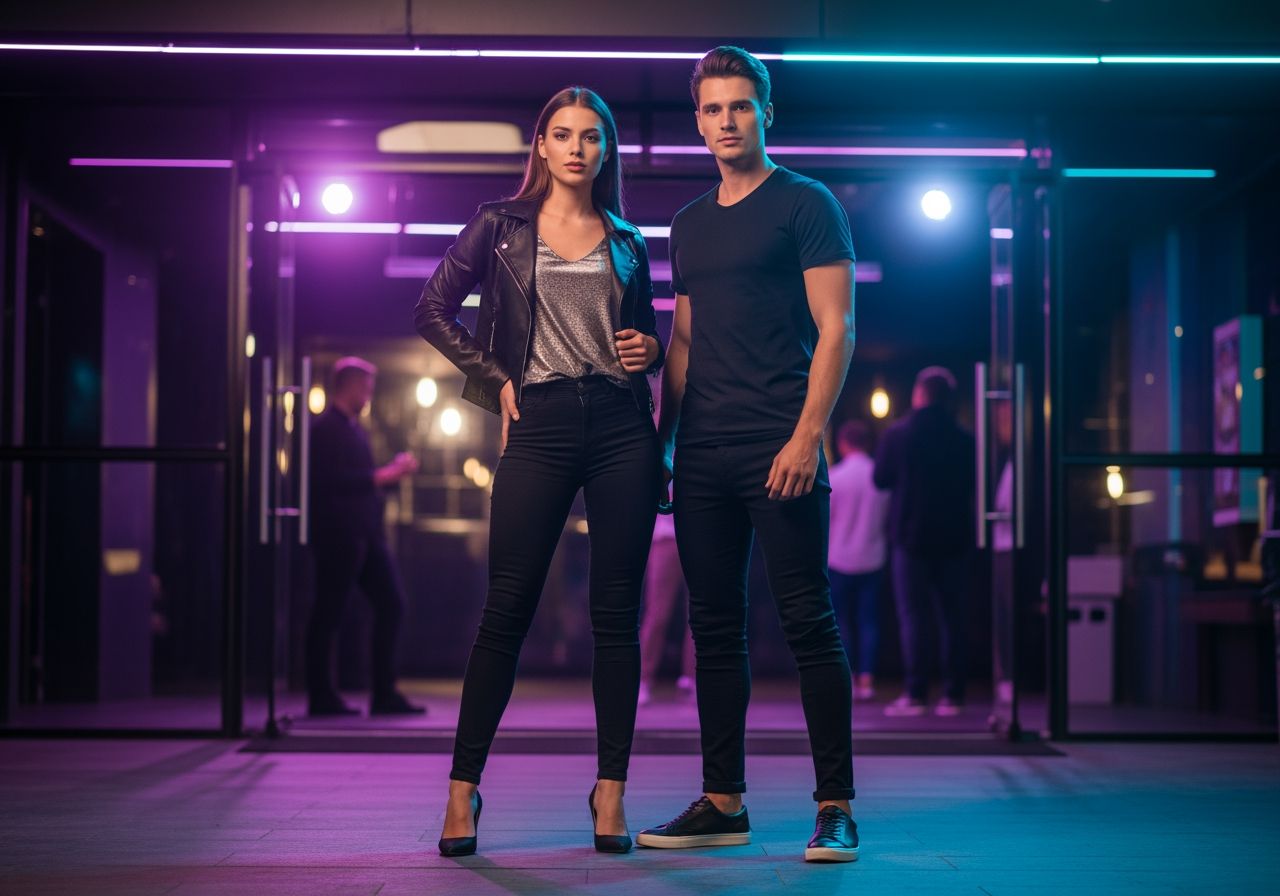 Mladý pár v módním oblečení před moderním nočním klubem s neonovými světly v noci.