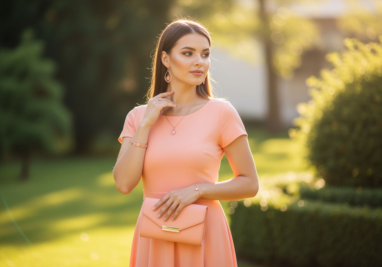 Elegantní žena v broskvové šatech se šperky a kabelkou, stojící v zahradě s rozostřeným pozadím.