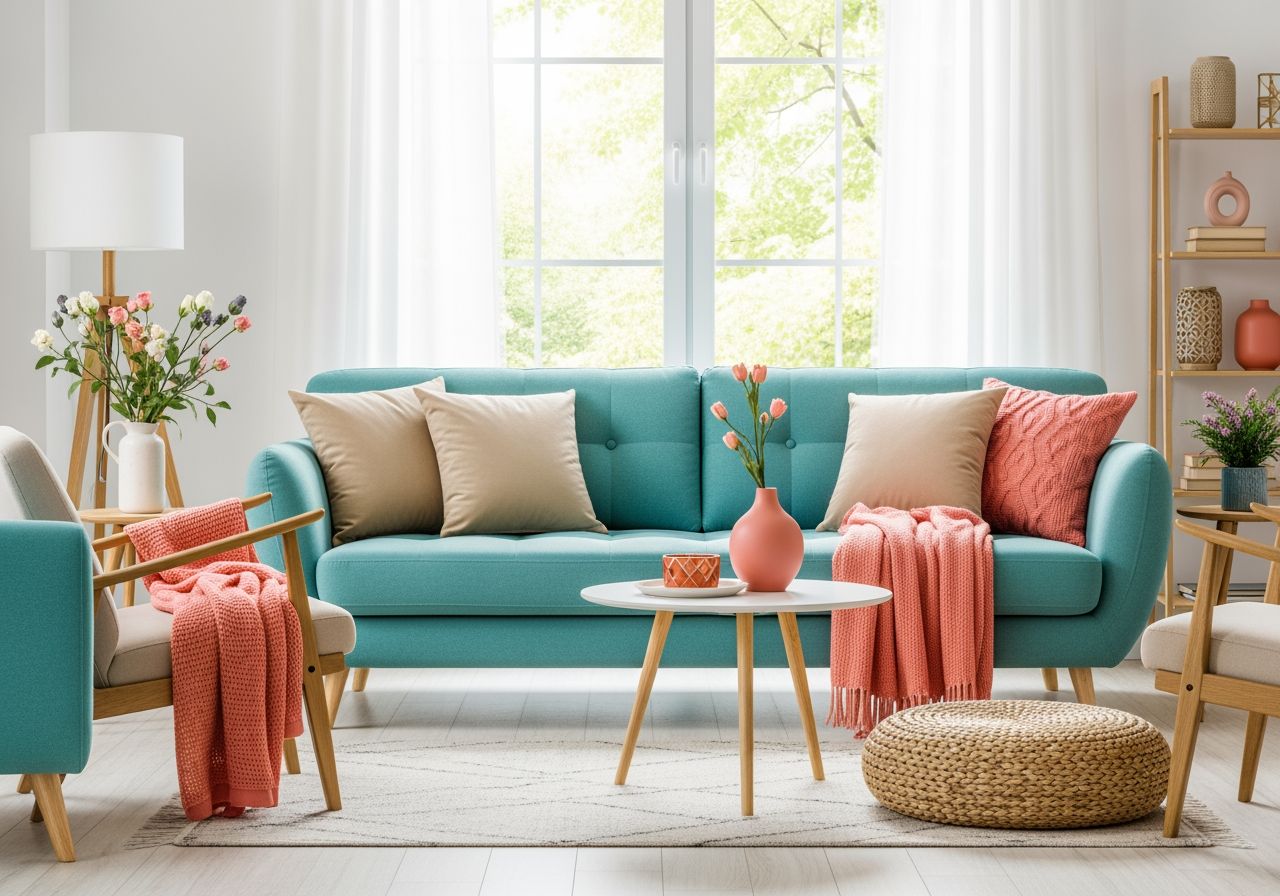 Interiér s tyrkysovou pohovkou, přírodní dřevěný nábytek a teplé béžové doplňky v denním světle