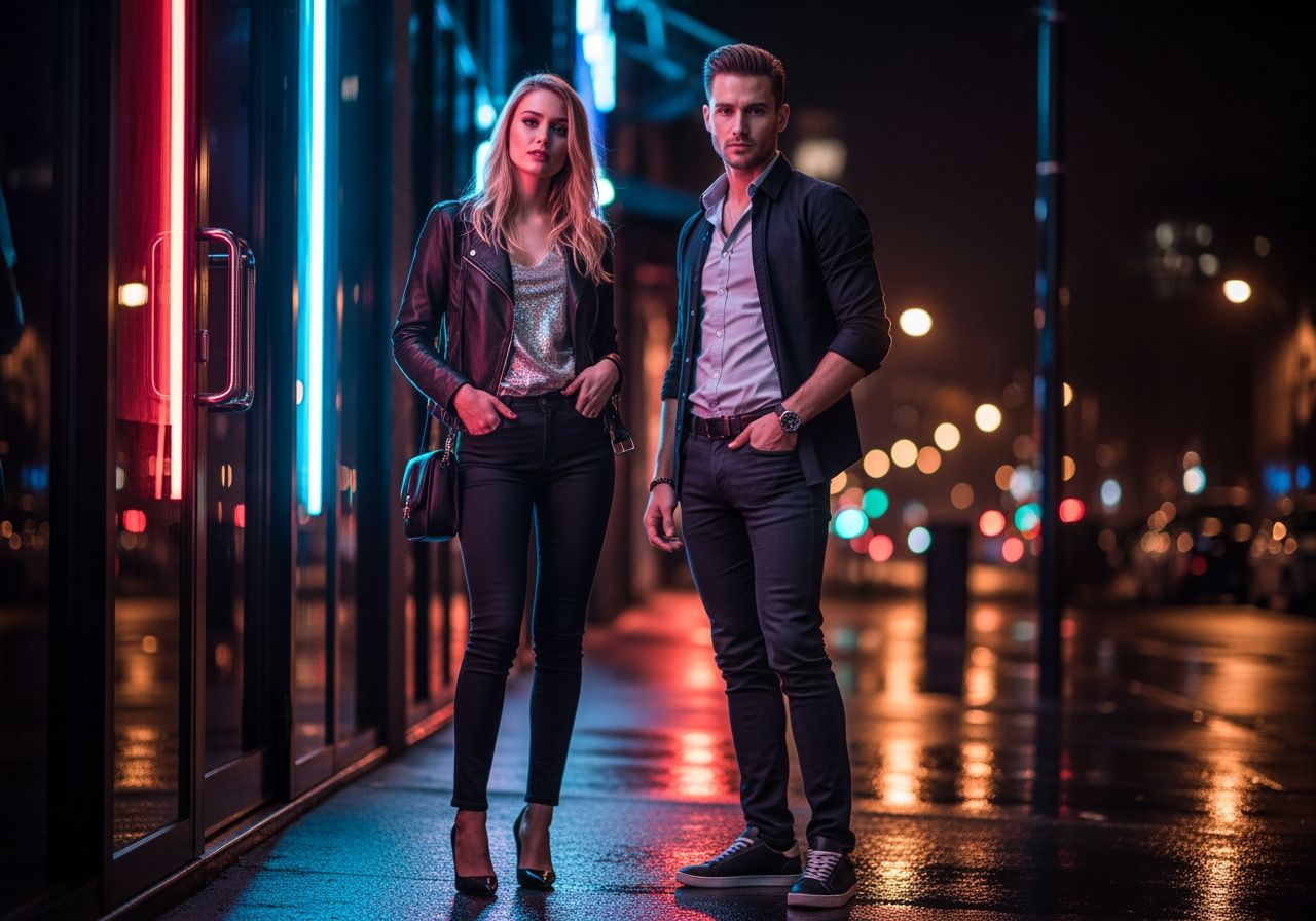 Mladý pár před nočním klubem v módním oblečení za barevných neonových světel na mokré dlažbě