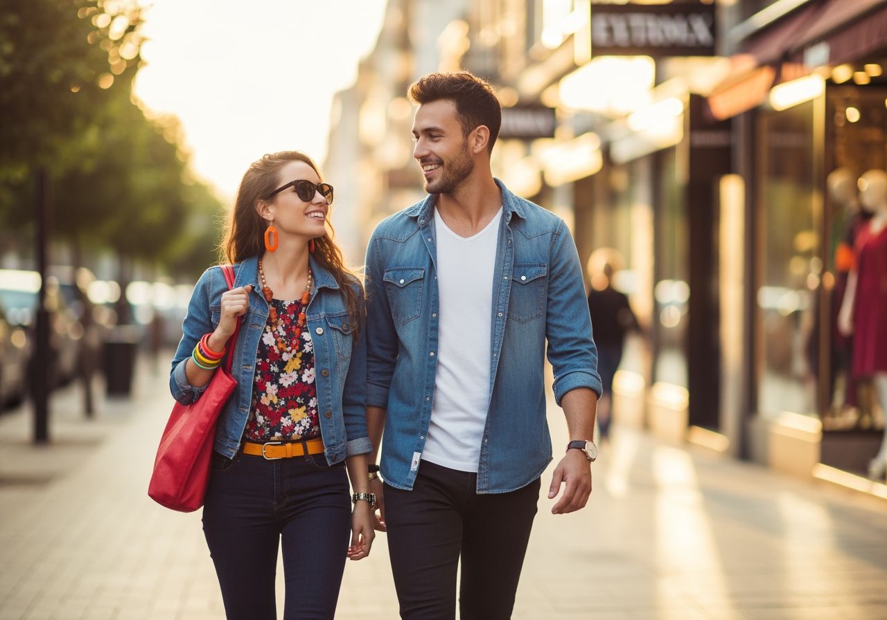Mladý pár ve městě za zlaté hodiny, oblečený moderně, usmívají se a procházejí spolu ulicí.