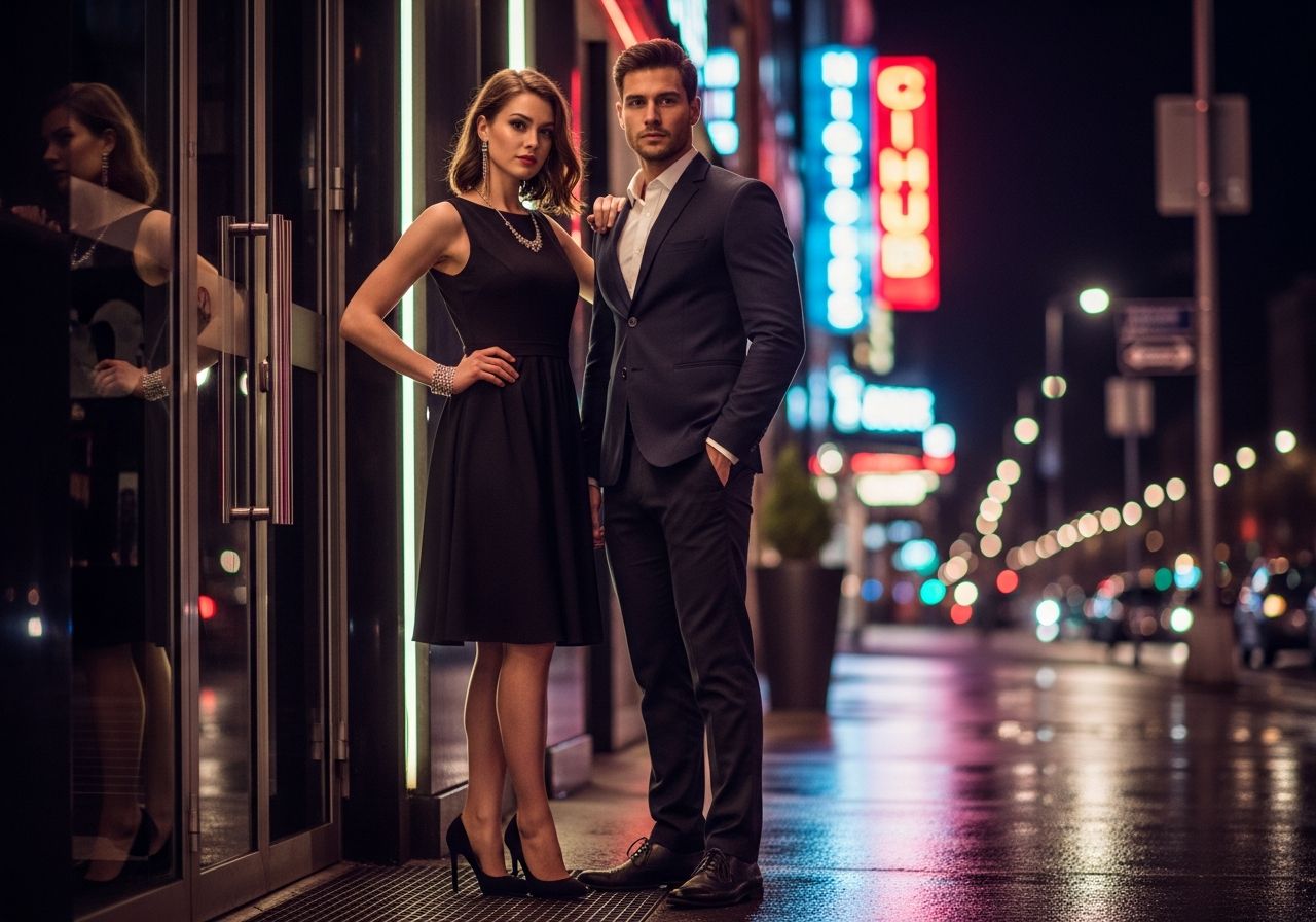 Mladý pár v elegantním oblečení stojí před vstupem do nočního klubu za nočního osvětlení města.