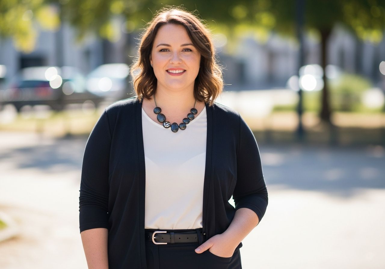 Plnoštíhlá žena v elegantním oblečení stojí venku, usmívá se, městský park v pozadí.