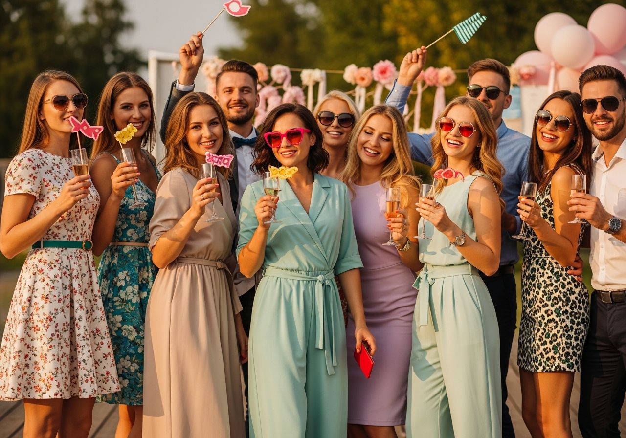 Skupinový záběr mladých žen na rozlučce se svobodou venku při západu slunce s nápoji a dekoracemi