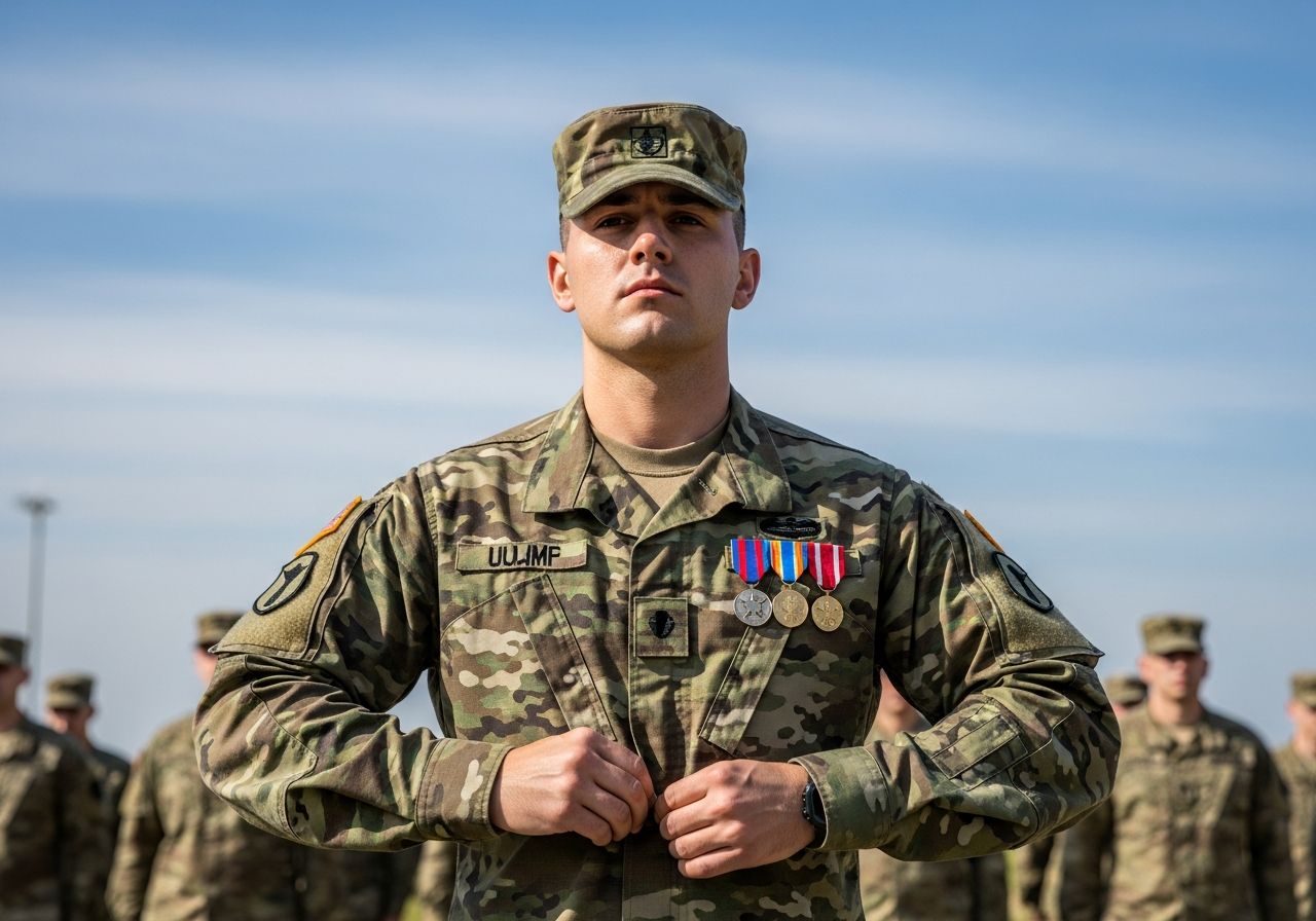 Mladý voják upravuje maskáčovou bundu před vojenskou přísahou, za ním stojí vojáci ve formaci.