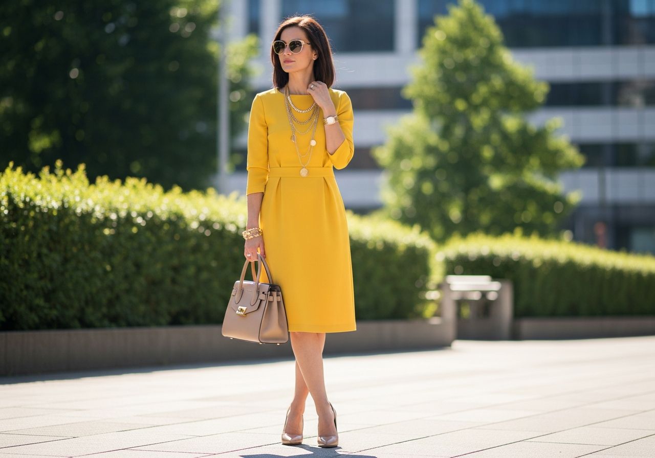 Žena v žlutých šatech s zlatými šperky a béžovou kabelkou venku v městském prostředí.