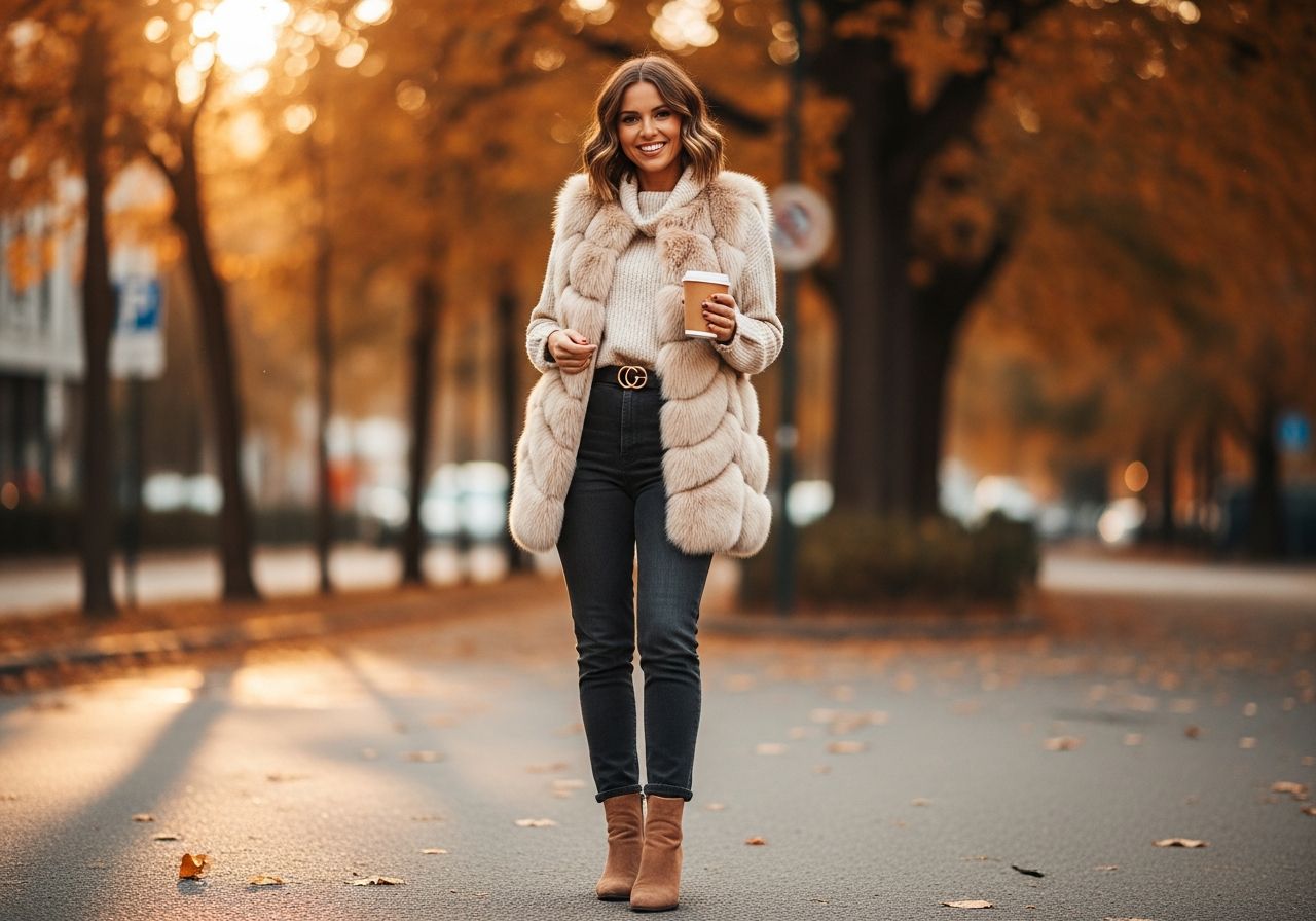 Žena v béžové kožichové vestě, svetru, tmavých džínách a botách drží kávu na podzimní ulici.