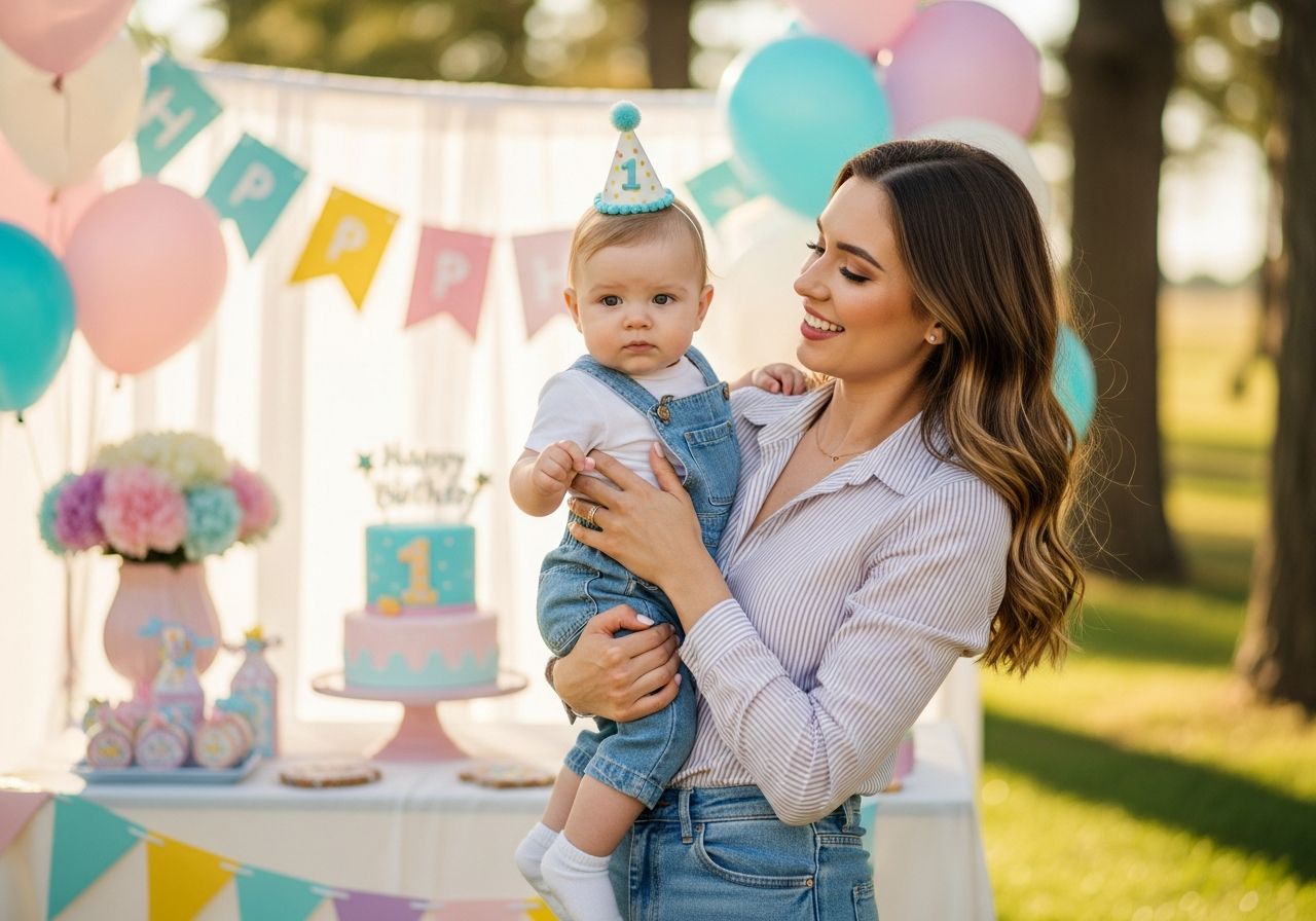 Šťastná matka drží své jednoroční dítě na narozeninové oslavě s balónky a dortem.