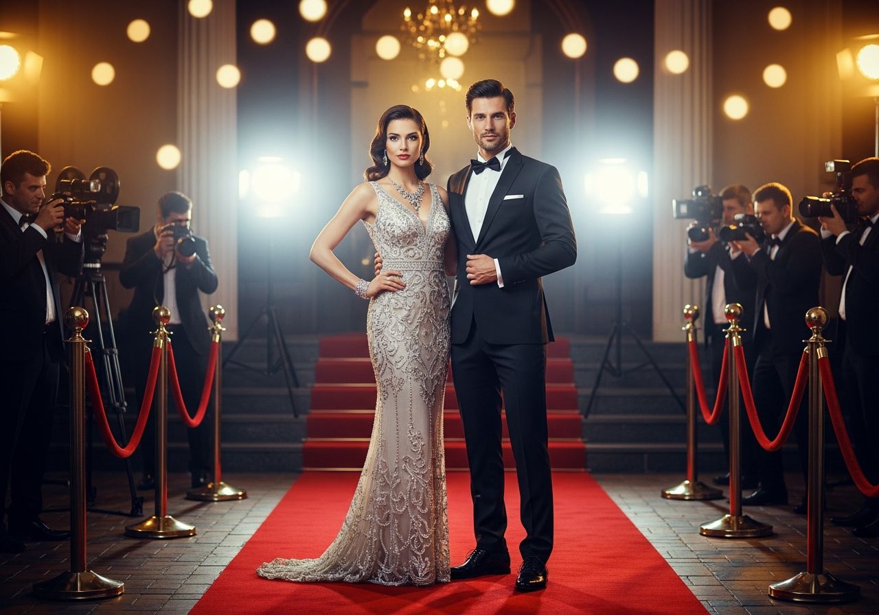 Muž a žena pózují na červeném koberci před luxusním místem během hollywoodské večírkové noci