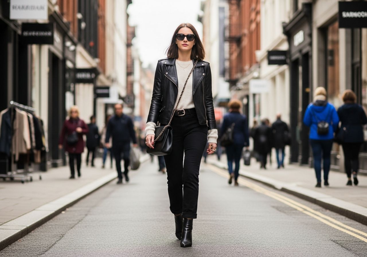 Mladá žena kráčí ulicí plnou obchodů, moderní oblečení a městská atmosféra v přirozeném světle