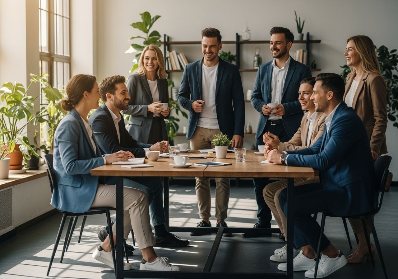 Mladí profesionálové ve smart casual při neformálním setkání kolem stolu v moderní kanceláři