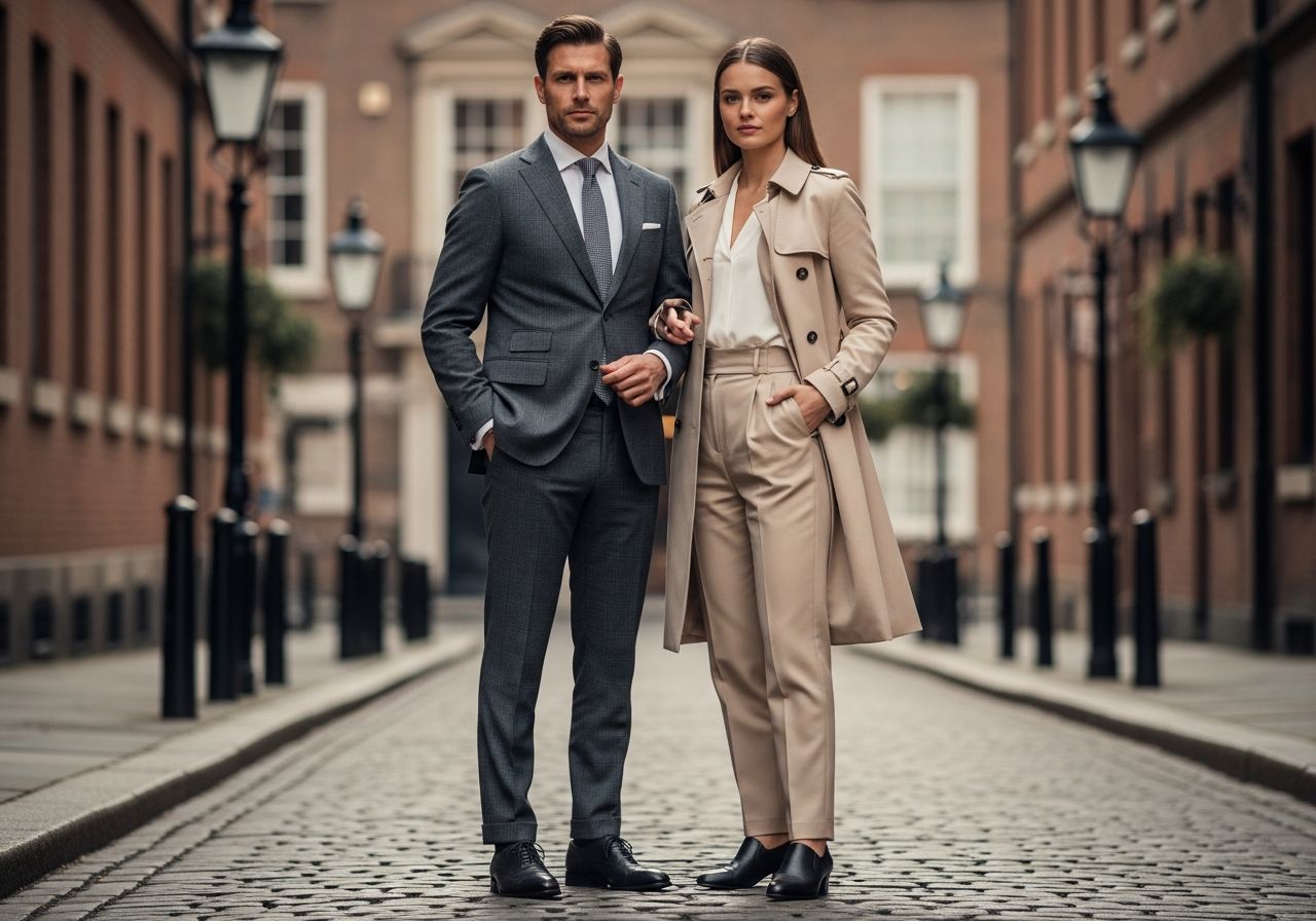 Elegantní muž a žena v městském prostředí, oblečeni v klasických formálních oděvech.
