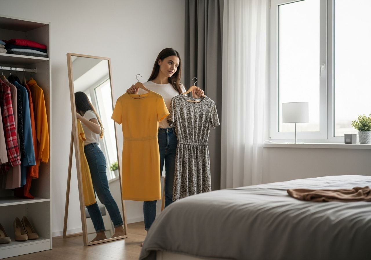 Mladá žena vybírá šaty před zrcadlem v moderní ložnici na narozeninovou oslavu.