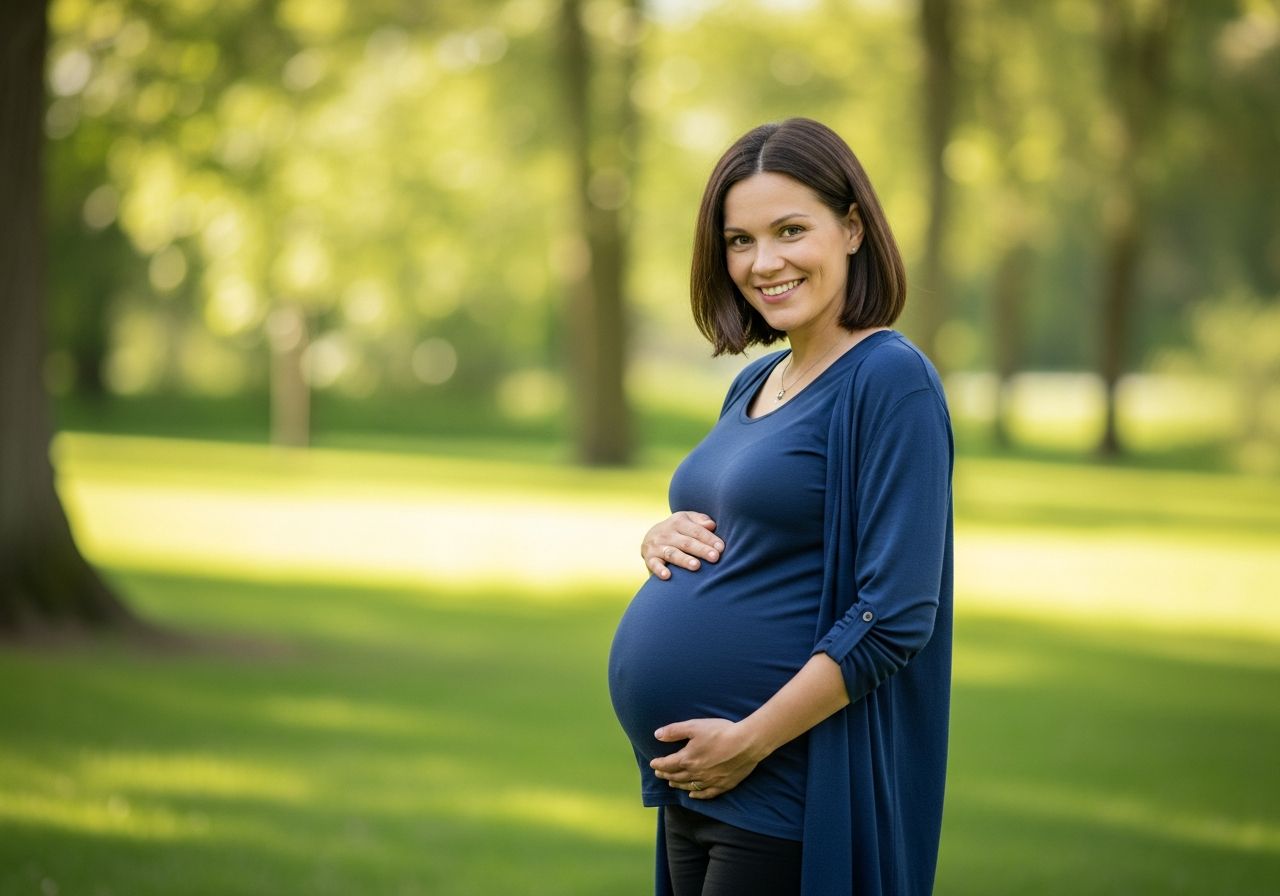 Těhotná žena stojící venku v mateřském oblečení, objímá břicho v klidném parku.