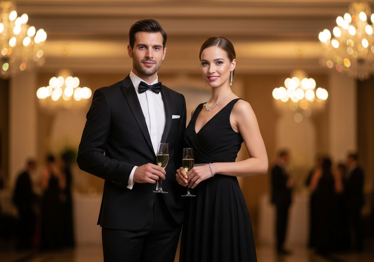 Stylový pár v černém oblečení na luxusní události s šampaňským a rozostřeným pozadím davu