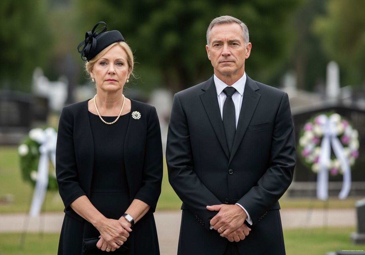 Středně věkem muž a žena v černém oblečení stojí vedle sebe na pohřbu venku.