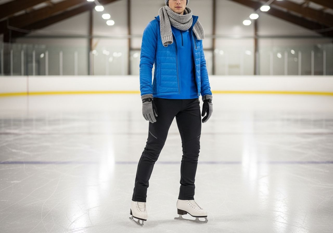 Mladý dospělý na krytém ledě ve sportovním oblečení a bruslích stojí s důvěrou.
