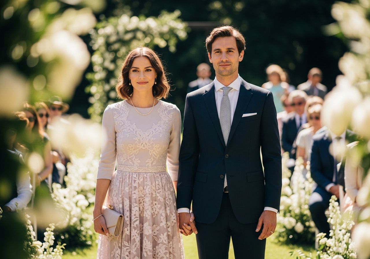 Stylový pár na svatbě v zahradě, žena v midi šatech, muž v tmavém obleku, sluneční světlo, hosté v pozadí