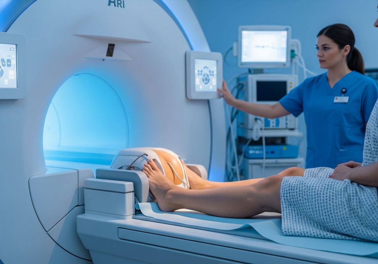 Pacientova kolena v MRI zařízení, zdravotník upravuje přístroj, zaměřeno na detail nohy v cívce.