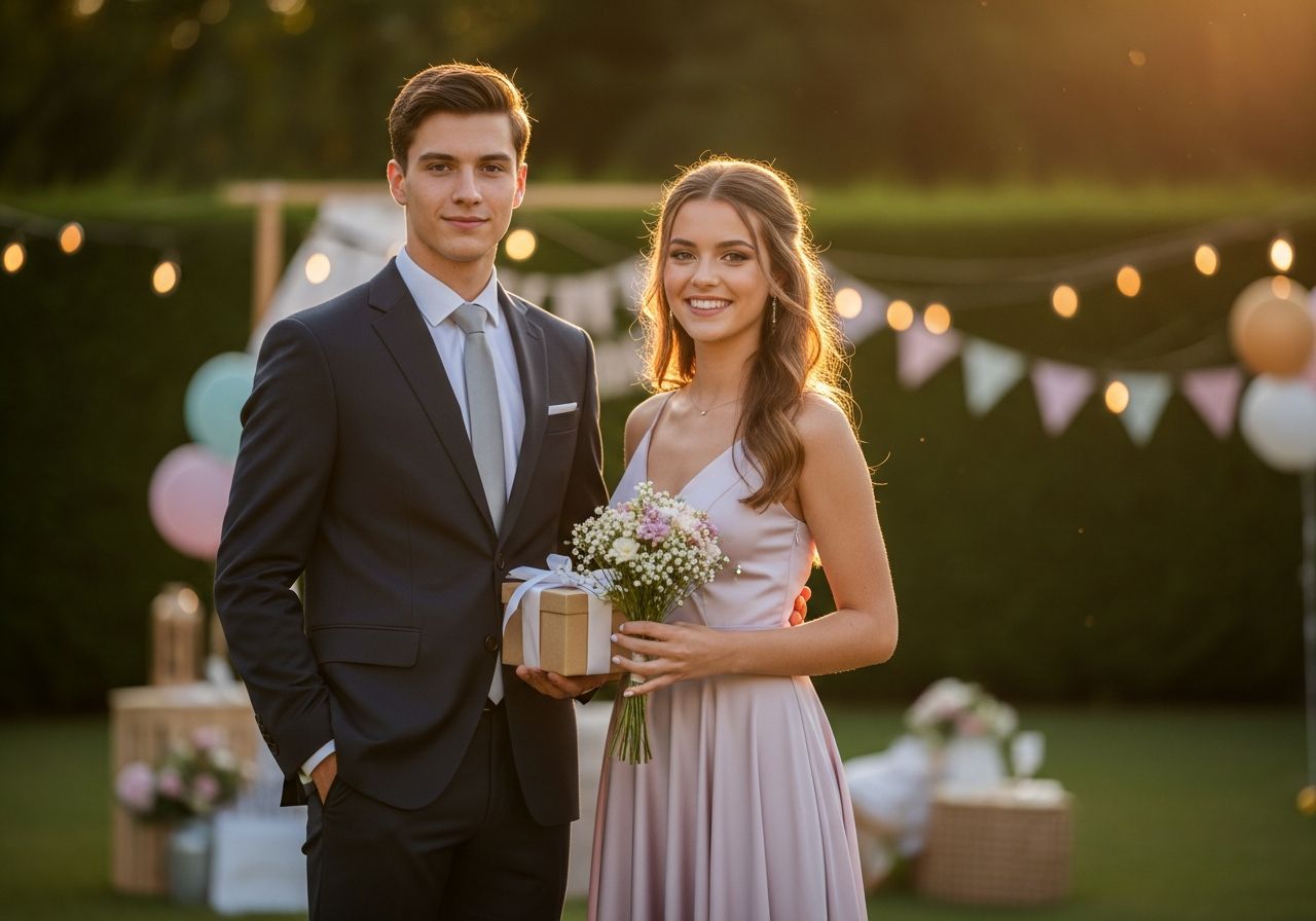 Mladý muž a žena v elegantním oblečení na osmnáctinové oslavě venku při zlaté hodině