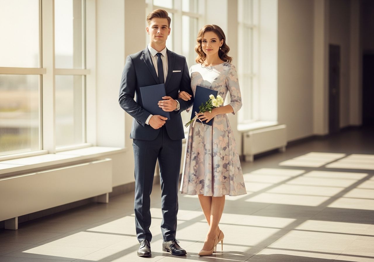 Mladý muž v obleku a žena v šatech stojí vedle sebe v moderní chodbě na den promoce.