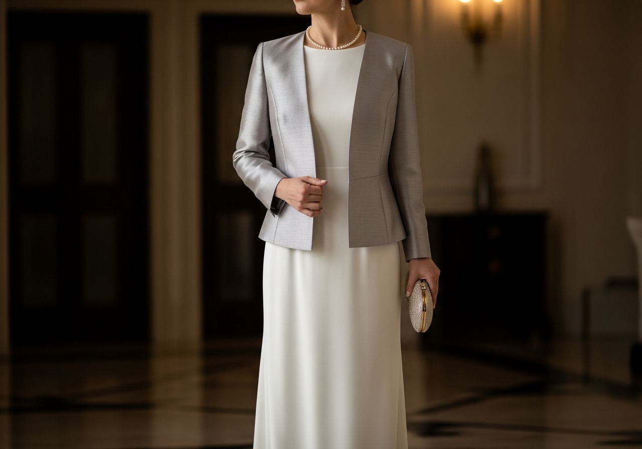 Žena v dlouhých večerních šatech a elegantním saku stojí v jemně osvětleném luxusním prostředí.