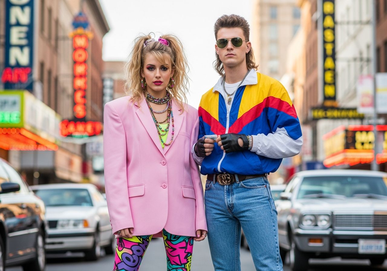 Mladý pár v ikonickém 80.letém oblečení stojí na městské ulici s vintage auty a neonovými nápisy.