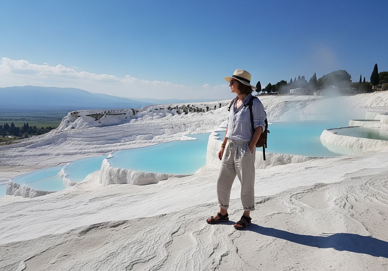 Cestovatel na bílých travertinových terasách Pamukkale s modrou oblohou a termálními bazény v pozadí