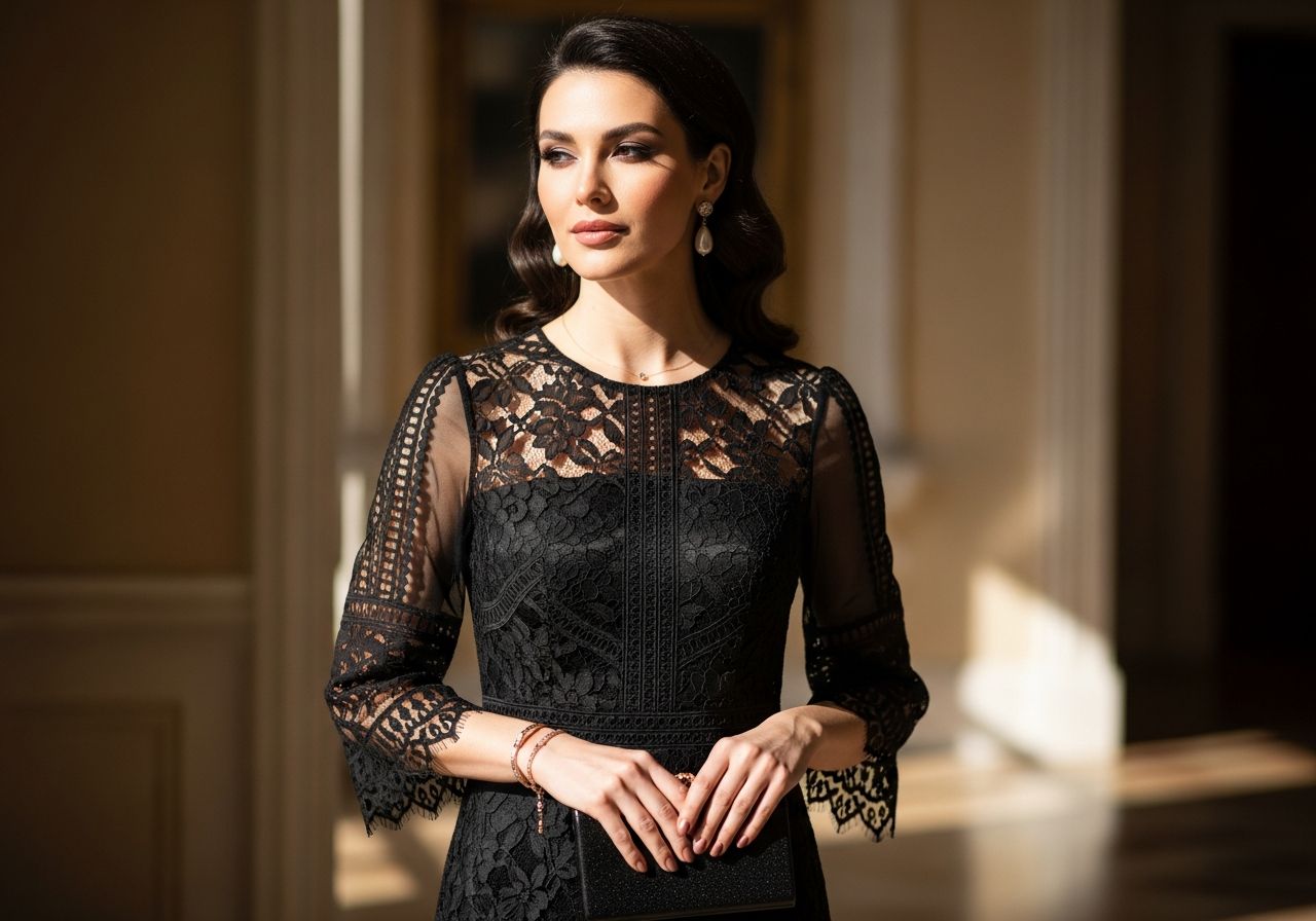 Žena v černých krajkových šatech s perlovými náušnicemi v jemně osvětleném interiéru
