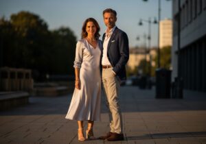 Elegantní pár ve 40 letech v městském prostředí za zlaté hodiny, oblečený stylově a pohodlně