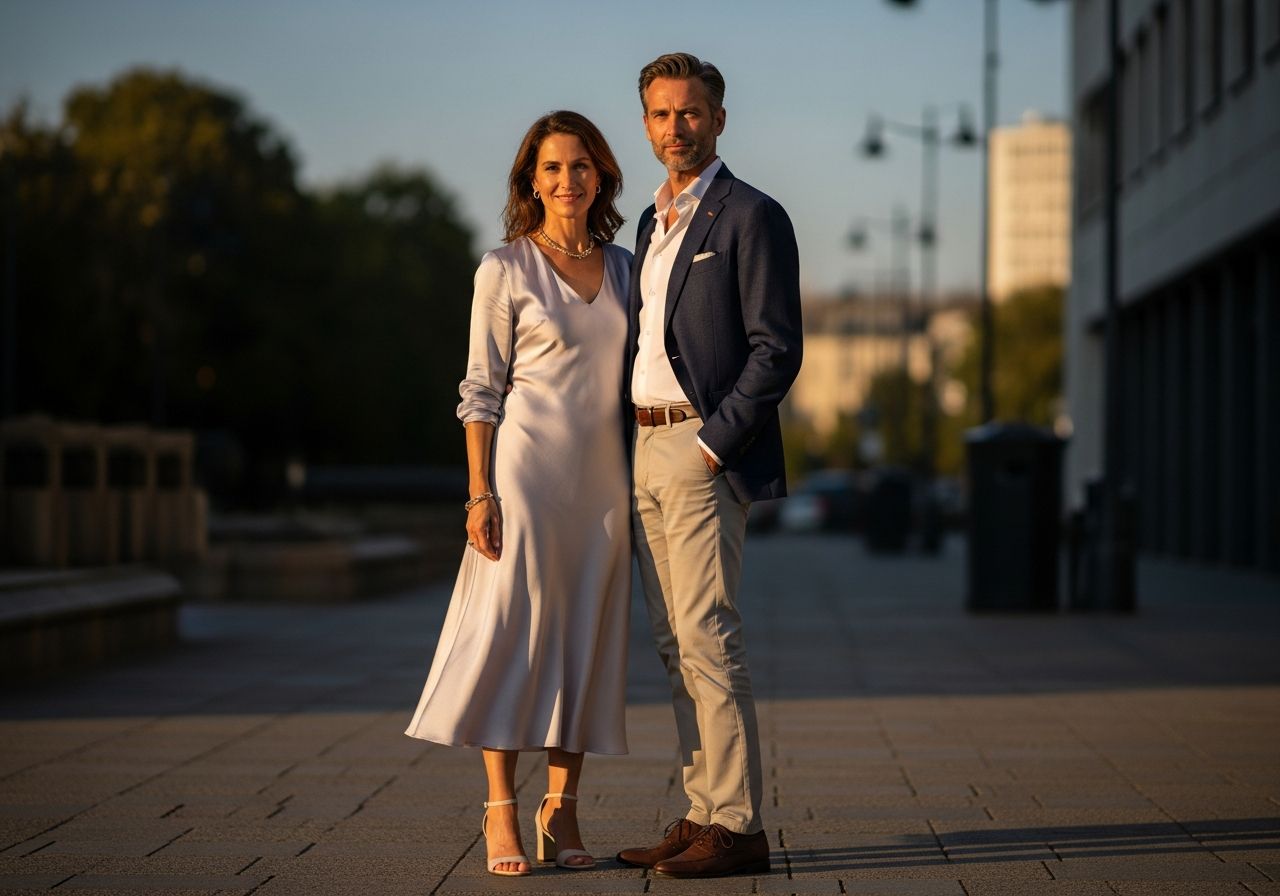 Elegantní pár ve 40 letech v městském prostředí za zlaté hodiny, oblečený stylově a pohodlně