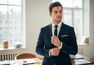 Mladý muž v tmavém obleku upravuje manžetové knoflíčky v moderní kanceláři s denním světlem.