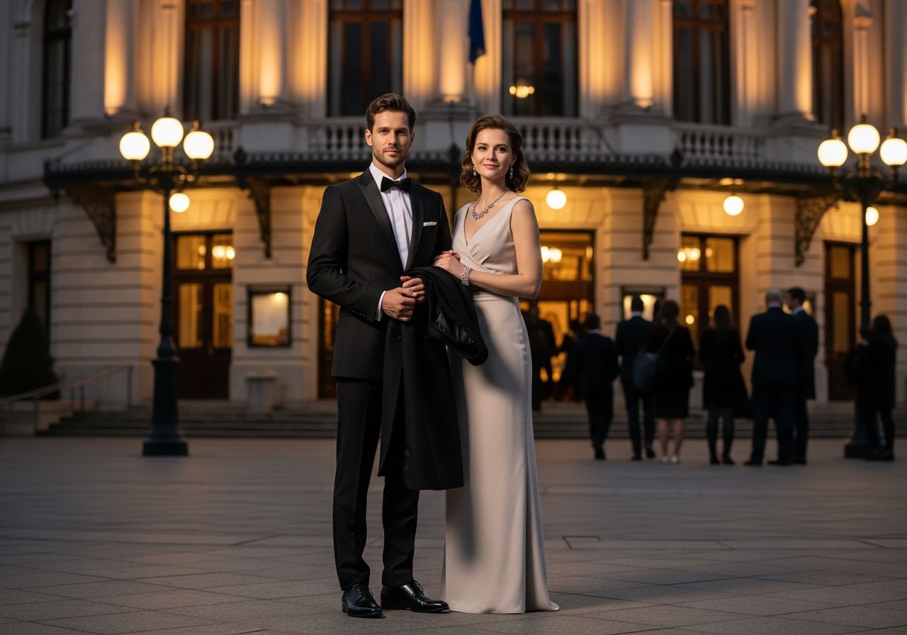 Elegantní pár před koncertní síní večer s teplým osvětlením a formálním oblečením